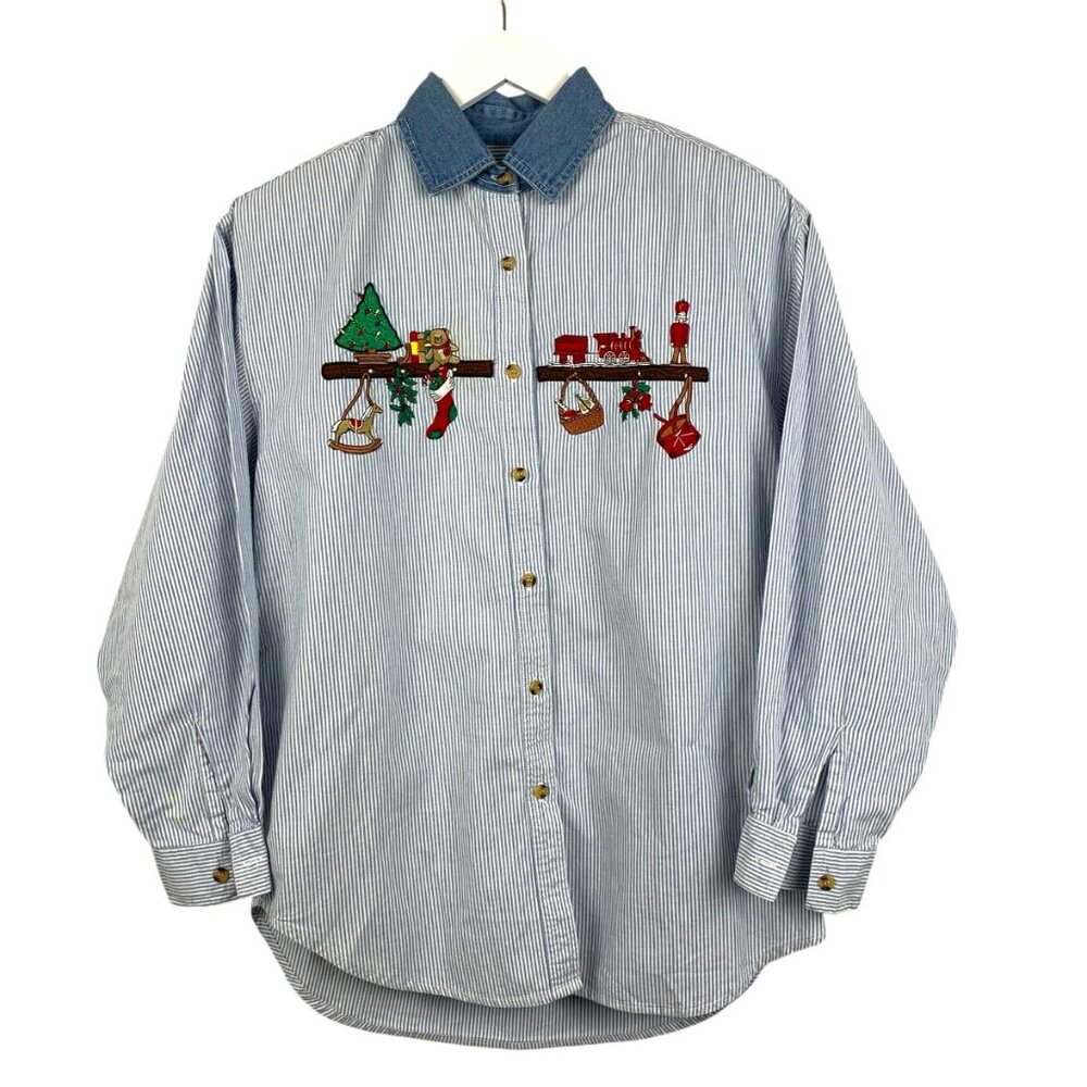 Vintage Solutions Shirt Womens Small Christmas Button Front Long Sleeve Casual